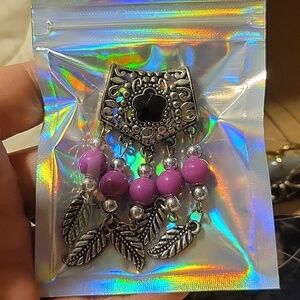 Silver Tone Focal Peice (Black Flower Chipped), Plastic Or Acrylic Purple Beads